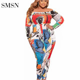 High Quality 2021 Autumn Sexy Strapless Long Sleeve Pattern Print Women Plus Size Women Jumpsuits And Rompers