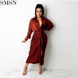 Autumn Fashion Casual Bodycon Pleated Fold Shirt Long Dress 2021 Solid Party Elegant Women Clothing Satin Casual Dresses