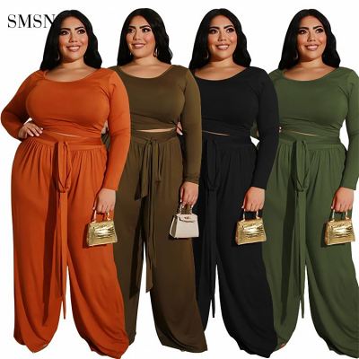 New Arrival 2021 Autumn Plus Size Set Casual Solid Color Long Sleeve O Neck Loose Pants Womens Two Piece Set