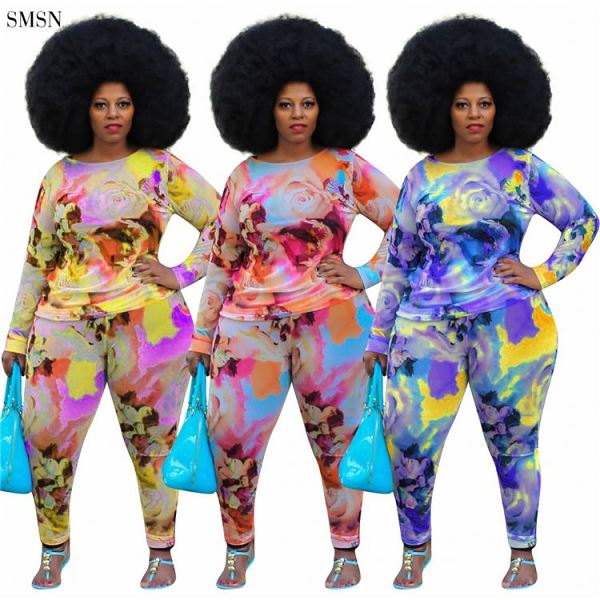 Good Quality 2021 Autumn Women Plus Size Set Casual Color Print Long Sleeve O Neck Club Wear Two Piece Pants Set