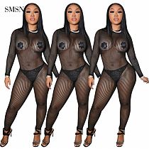 New Trendy 2021 Autumn Sexy Perspectivity Tulle Solid Color Club Wear Women Bodycon Jumpsuits And Rompers