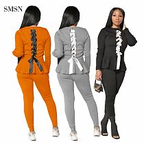 Best Seller 2021 Autumn Women Suits Sexy Drawstring Front And Back Hem Falbala Design Two Piece Pants Set