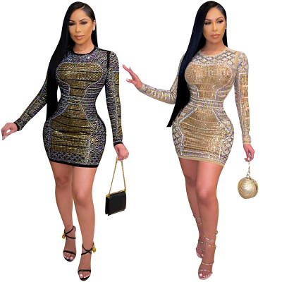 Newest Design Casual solid color Long Sleeve Rhinestone  bodycon mini Dress For Women Evening Dresses