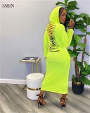 Newest Design Fluorescent Color Long Sleeve Back Burnt Out Holes Dress Autumn Long Casual Hoodie Dress For Women
