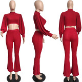 New Trendy 2021 Autumn Casual Solid Color Puff Sleeve Crop Top Flared Trousers Women Clothing Two Piece Sets