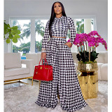New Style 2021 Autumn Casual Houndstooth Print O Neck Long Sleeve Women Clothing Loose 2 Piece Pants Set