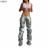Newest Design Women Sweat Pants Fashionable Pleated Pu Faux Leather Sexy Low-Waist Straight Tube Casual Pants