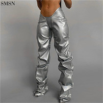 Newest Design Women Sweat Pants Fashionable Pleated Pu Faux Leather Sexy Low-Waist Straight Tube Casual Pants