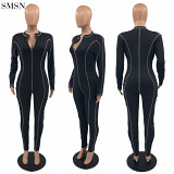 Newest Design Autumn One Piece Jumpsuit Sexy Tight Zipper Line Long Sleeve Jumpsuit