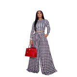 New Style 2021 Autumn Casual Houndstooth Print O Neck Long Sleeve Women Clothing Loose 2 Piece Pants Set