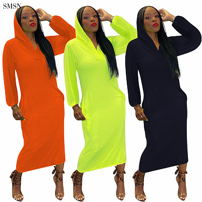 Newest Design Fluorescent Color Long Sleeve Back Burnt Out Holes Dress Autumn Long Casual Hoodie Dress For Women