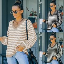 Amazon 2021 Sweaters Women Tops Fashion V Neck Striped Loose Knit Top