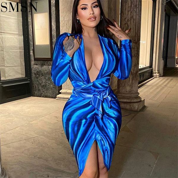 New Trendy Printed V-Neck Woman Casual Dress Formal Dresses Satin Dress Fall Clothing For Women