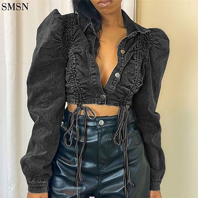 New Arrival 2021 Coats For Ladies Loose Drawstring Black Sexy Puff Sleeve Single Short Breasted Denim Jacket Women