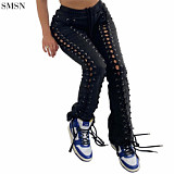 FASHIONWINNIE Solid Color Hollow Out Drawstring Women Pants Streetwear Sweat Jogger Pants Women