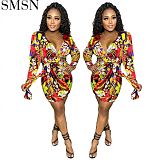 Hot Sale Clothing Manufacturers Custom V-Neck Long Sleeve Sexy Women Floral Dress