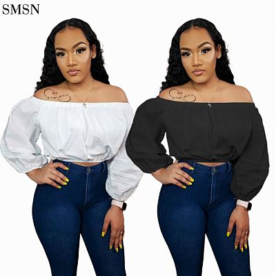 2021 Women Clothing Tops Fashionable Girls' T-Shirts Autumn Solid Color Off Shoulder Lace Puff Sleeve Crop Top
