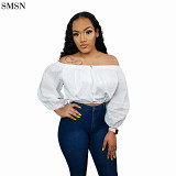 2021 Women Clothing Tops Fashionable Girls' T-Shirts Autumn Solid Color Off Shoulder Lace Puff Sleeve Crop Top