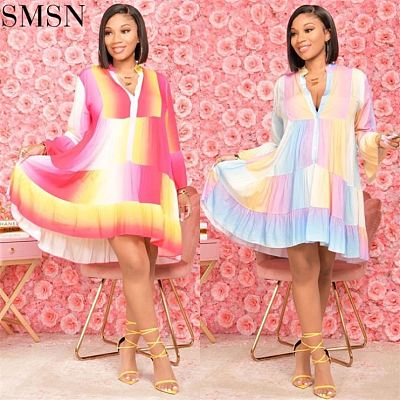 New Style Multicolor Fall 2021 Women Clothes Loose Flounces Print Rainbow Dress Women