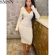 Latest Design Casual Jersey Dress V-Neck Solid Color Knit Dresses Women Clothing Cotton Dress