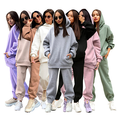 2021 Fall And Winter New Solid Color Long Sleeve Hooded Sports Suit Women Two Piece Pants Set Cloting