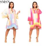 New Style Multicolor Fall 2021 Women Clothes Loose Flounces Print Rainbow Dress Women