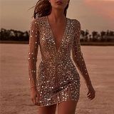 Newest Design Womens Dresses Deep V Long Sleeve Sequins Sexy Night Dress