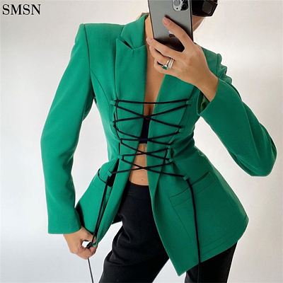Fall 2021 Women Clothes Solid Color Short Coats For Ladies Autumn Winter Long Sleeve Drawstring Bandage Lady's Suit Woman Jacket