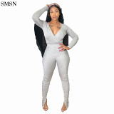 2021 Women Clothes Ruched Solid Color Sexy V-Neck One Piece Jumpsuits Pleated Jumpsuit Bodysuit Bodycon Jumpsuits For Women Sexy