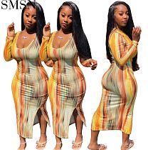 New Style Multicolor V-Neck Slit Bodycon Dress Women Long Sleeve Maxi Dresses Women Wholesale