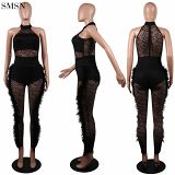 See Through Sleeveless Sexy Womens Playsuit Solid Color Women Mesh One Piece Jumpsuit Sexy Printed Jumpsuits Club Wear For Women