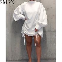 Hot Sale High Collar Loose Casual Plus Size T Shirt Lantern Sleeve Shirt Women Party Dresses