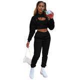 New Arrival 2021 Autmn Winter Casual Solid Color Crop Top Hoodie Three Piece Women Clothing 3 Piece Pants Set
