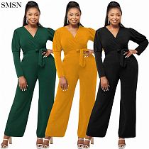 FASHIONWINNIE Wholesale V Neck Belt Solid Color Puff Sleeve Jumpsuit Women One Piece Jumpsuits For Women Sexy