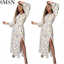 New Trendy Printed Winter Clothes Long Sleeves Dresses Women Lady Elegant Wide Slit Maxi Dress Ladies