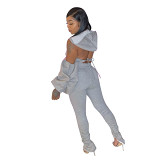 Fall New Solid Color Hooded Pants Set pleated slit bubble sleeve backless sports 2 piece set Women Clothing