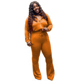 Best Design 2021 Solid Color Plus Size 2 Piece Sets Casual Zipper Jacket Flared Trousers Women Fall Two Piece Set