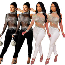 New Arrival 2021 Fall Sexy Bodycon Jumpsuit One Shoulder Rhinestone Perspectivity Nightclub Rompers Women Jumpsuit