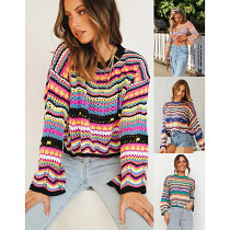 Best Design 2021 Autumn Winter Sweaters Women Tops Rainbow Round Collar Stripes Girl Knit Pullover Sweater