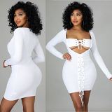 Autumn New Arrival Sexy Summer Long Sleeve Bandge Solid Women Fashion Clothing Summer Casual Dress