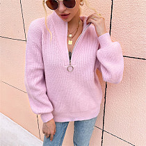 Hot Selling V Neck Pullover knit sweater fall sweaters Zipper Solid Color women tops