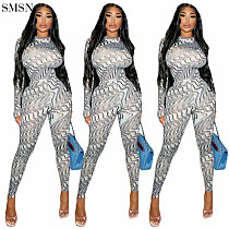 High Quality Fall One Piece Jumpsuit Fashion Printed Long Sleeve Long Pants Jumpsuit