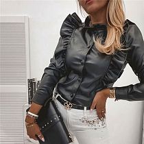 Hot Selling Trendy Women Clothing Spring Long Sleeves Women Tops Ruffles Pu Leather Blouses Ladies Tops Fashion Blouse