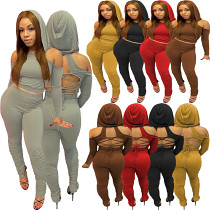 Newest Design Casual Solid Color Hoodie Fall 2 Piece Set Women Sexy Strapless Back Bandage Bodycon Two Piece Pants Set