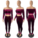 Best Design 2021 Casual Strapless Zipper Crop Top Fall 2 Piece Set Women Clothes Solid Color Velvet Two Piece Pants Set