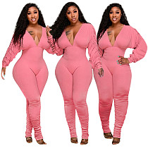 New Arrival 2021 Long Sleeve Bodysuit Temperament Solid Color Pleated Sleeve Sexy Deep V Jumpsuit