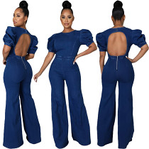 New Arrival 2021 Fall One Piece Jumpsuit Bubble Sleeve Hollow-Out Zipper Round Collar Short Sleeve Denim Jumpsuit