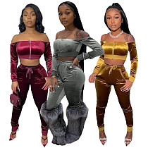 Best Design 2021 Casual Strapless Zipper Crop Top Fall 2 Piece Set Women Clothes Solid Color Velvet Two Piece Pants Set