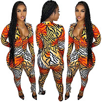 New Arrival 2021 Fall One Piece Jumpsuit Sexy Long Sleeve Printed Tiger Print Jumpsuit