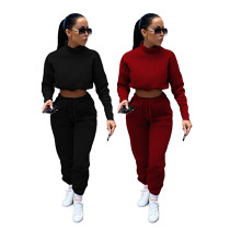 New Arrival Casual Sports Solid Color Hoodless Turtleneck Sweater Fall 2 Piece Set Women Clothing Two Piece Pants Set